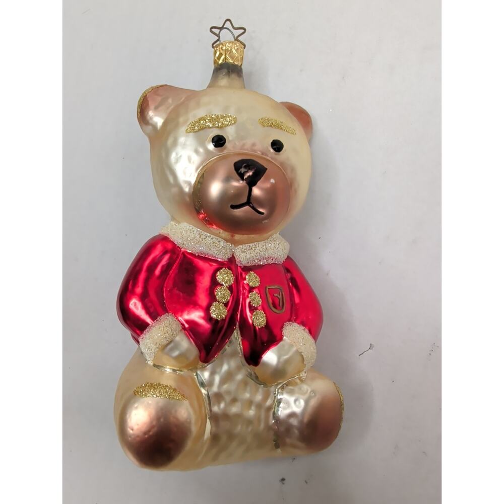 VTG Blown Glass Teddy Bear Ornament Wht. Bear Red Coat Hanging 5.5" Inge Germany